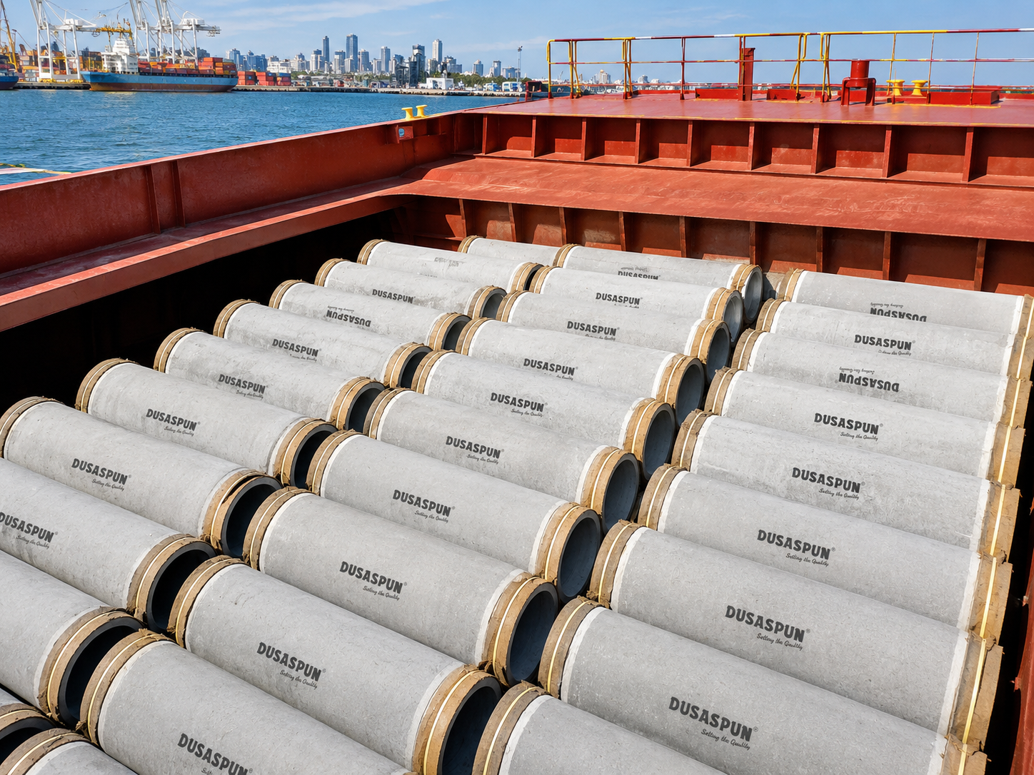 DUSASPUN reinforced concrete pipe loaded on a vessel at the Port of Melbourne, ready for delivery