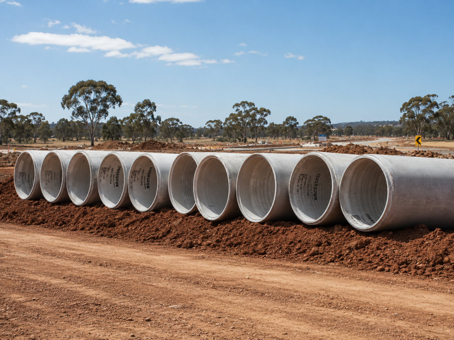 Long row of DUSASPUN reinforced concrete pipe stockpiled on a job site in regional Australia