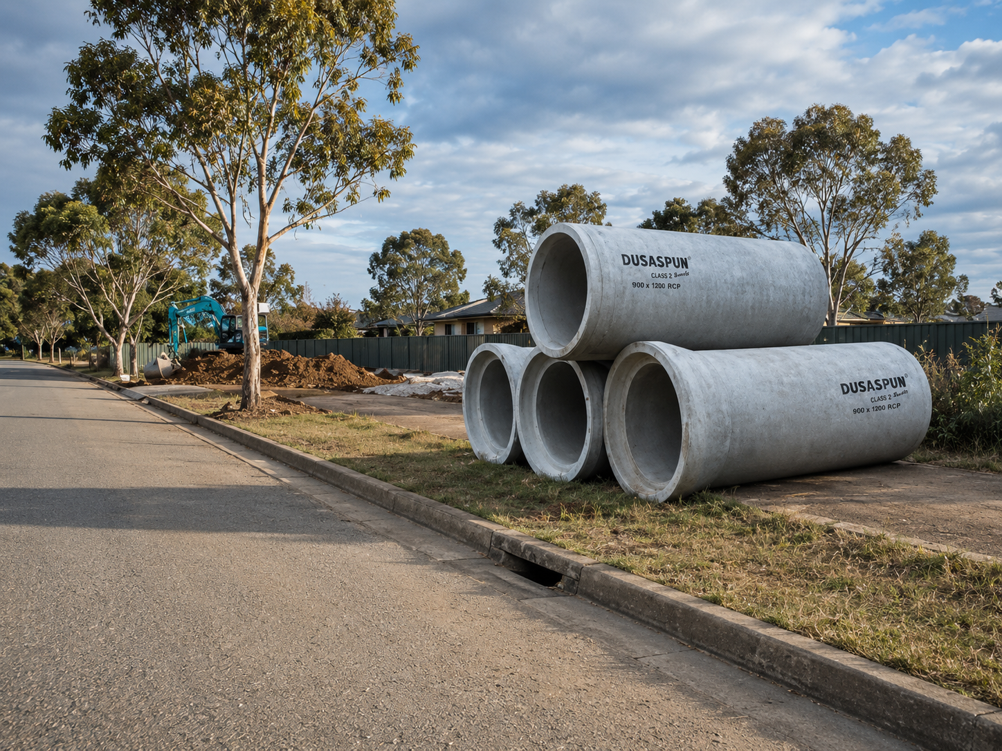 DUSASPUN Class 2 RCP stockpiled on a suburban Australian job site ahead of installation